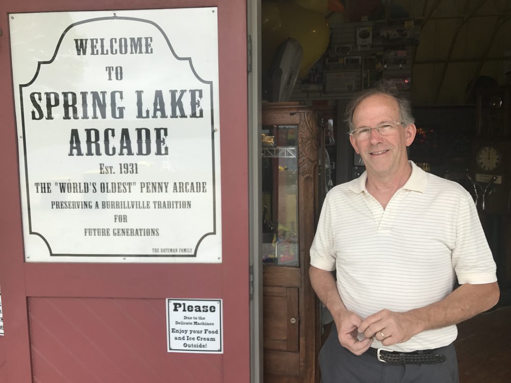 John Bateman, owner of the Spring Lake Arcade, which has been thrilling kids every summer since 1931. (Peter O'Dowd/Here & Now)
