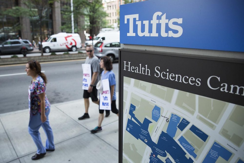 Supporters of Tufts Medical Center's striking nurses, in July 2017. (Robin Lubbock/WBUR/File)