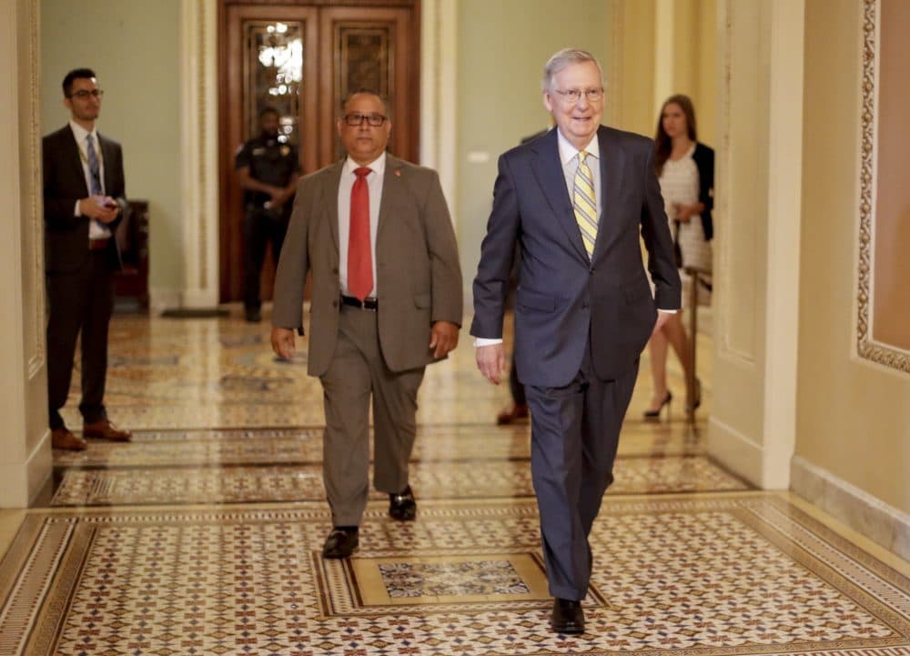 Senate Majority Leader Mitch McConnell of Kentucky walks to his office on Capitol Hill in Washington Thursday, July 13, 2017. (Pablo Martinez Monsivais/AP)
