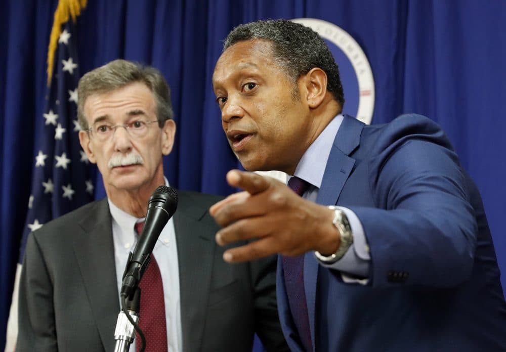 District of Columbia Attorney General Karl Racine, right, accompanied by Maryland Attorney General Brian Frosh, speaks during a news conference in Washington, Monday, June 12, 2017, to discuss the lawsuit they filed against President Donald Trump. (Alex Brandon/AP)
