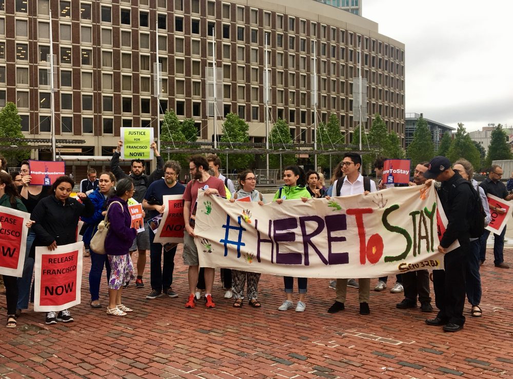 Demonstrators gathered Thursday at Boston City Hall to protest the detention of Francisco Rodriguez. (Shannon Dooling/WBUR)