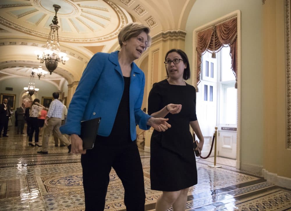Sen. Elizabeth Warren walks outside the Senate chamber on Capitol Hill in Washington on Thursday after a revised version of the Republican health care bill was announced by Senate Majority Leader Mitch McConnell of Kentucky. (J. Scott Applewhite/AP)