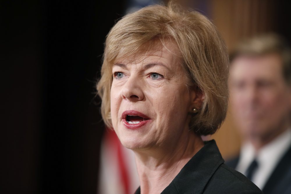 Sen. Tammy Baldwin, D-Wis., speaks about President Trump's first 100 days, during a media availability on Capitol Hill in Washington in April 2017. (Alex Brandon/AP)