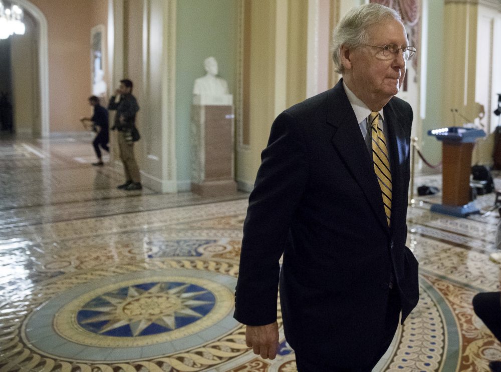 Senate Majority Leader Mitch McConnell of Ky. walks to the Senate Chamber on Capitol Hill in Washington, Tuesday, July 25, 2017. (Andrew Harnik/AP)
