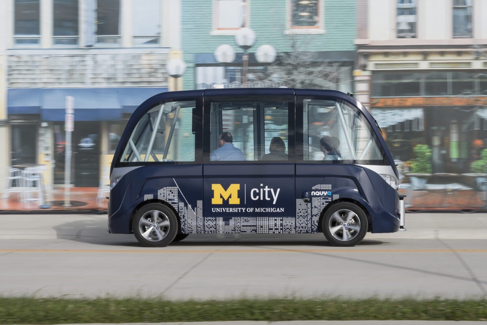 The Arma, a driverless electric shuttle manufactured by French firm NAVYA, was introduced to North America at the Mcity Test Facility in December 2016. (Courtesy University of Michigan)