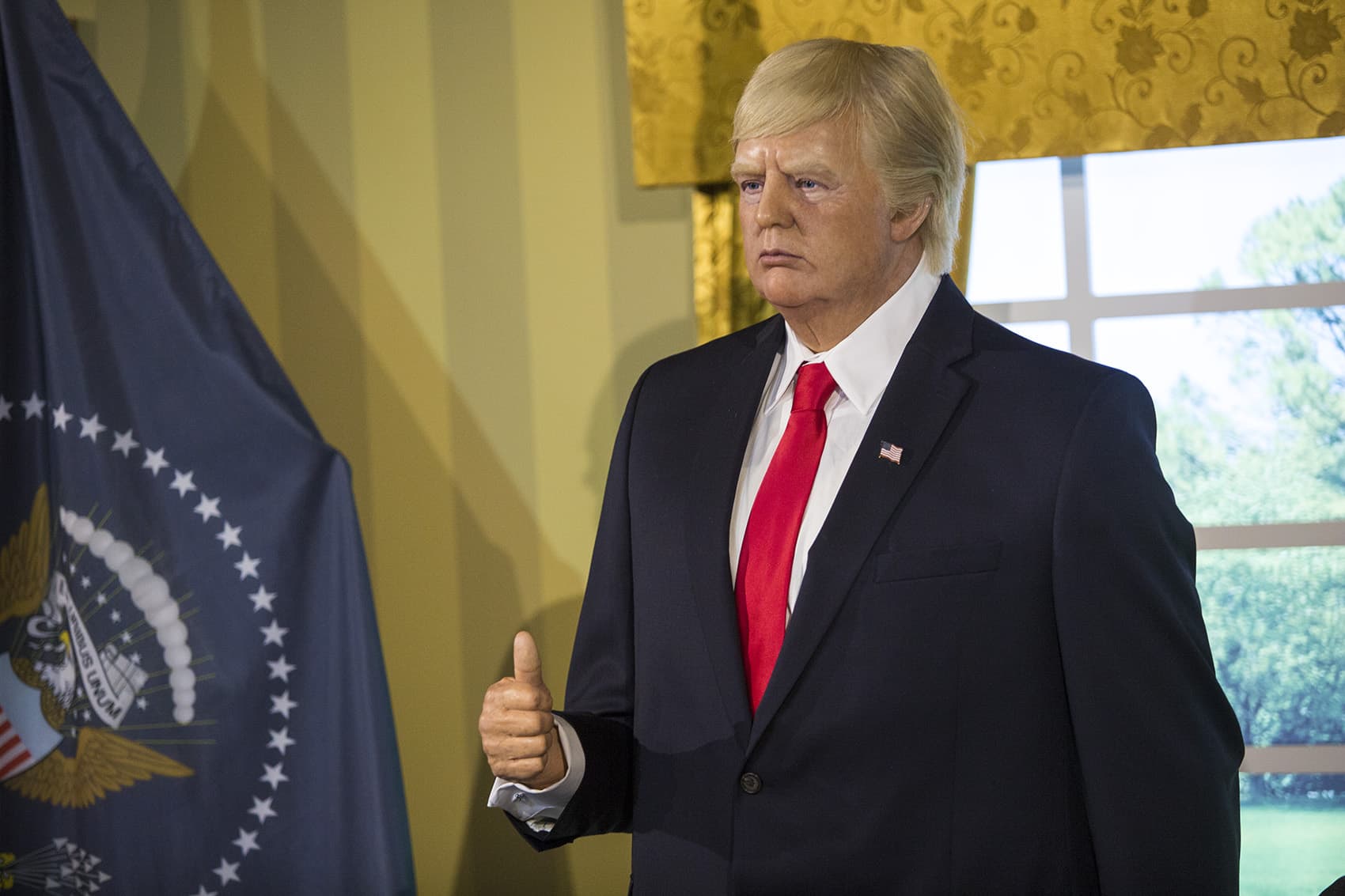 Boston's Dreamland Wax Museum features a wax figure of President Trump in the Oval Office. (Jesse Costa/WBUR)