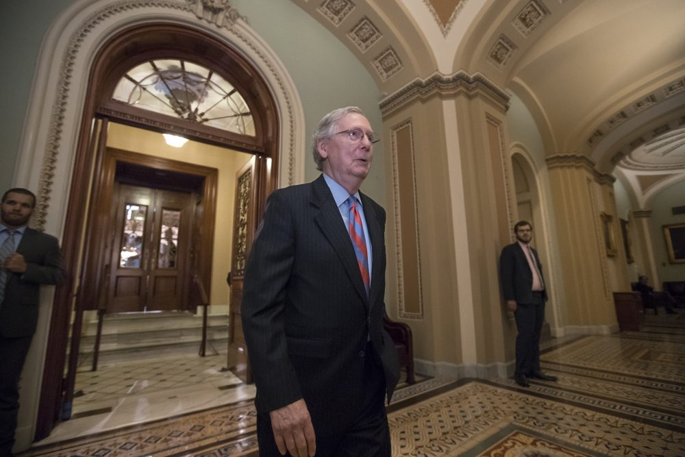 Senate Majority Leader Mitch McConnell (R-Ky.) leaves the Senate chamber on Capitol Hill in Washington, Thursday, July 27, 2017. (J. Scott Applewhite/AP)