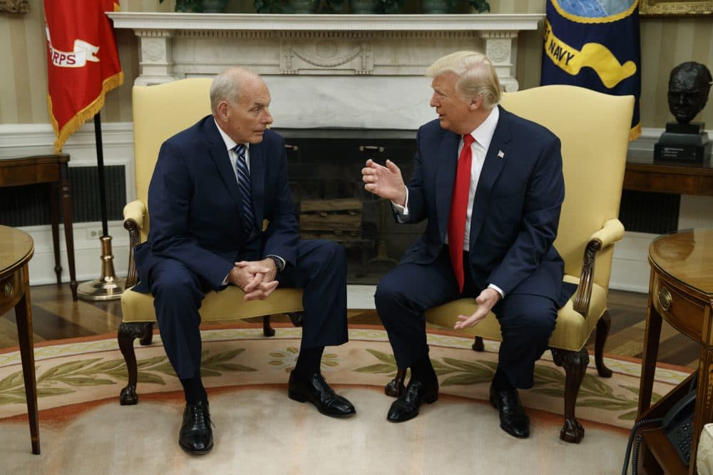 President Trump talks with new White House Chief of Staff John Kelly after he was privately sworn in during a ceremony in the Oval Office, July 31, 2017, in Washington. (Evan Vucci/AP)