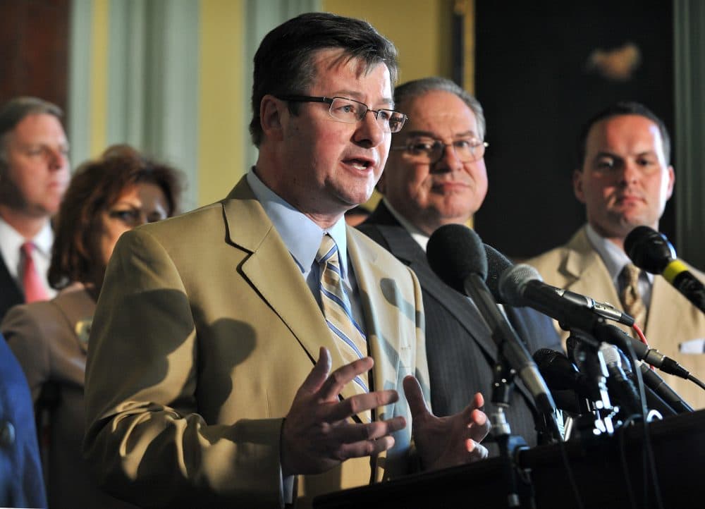 State Rep. Brian Dempsey speaks to reporters at the State House in 2010. (Josh Reynolds)