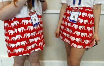 Molly Haynes, left, and Ann Hunter Carraway, with Future Female Leaders, wear GOP themed skirts at the Conservative Political Action Conference (CPAC), Friday, Feb. 24, 2017, in Oxon Hill, Md. (Alex Brandon/AP)