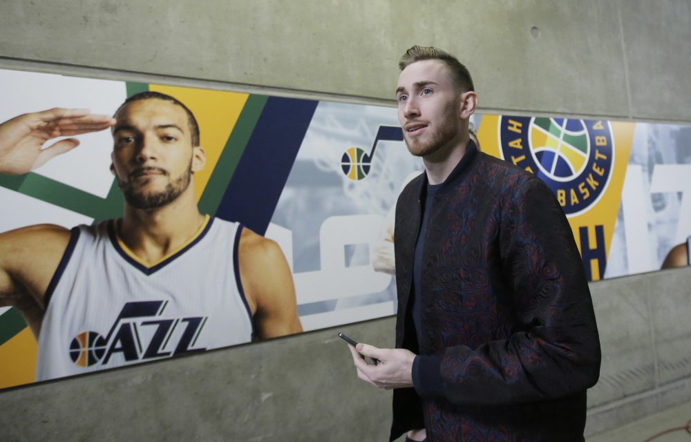 FILE - In this April 28, 2017, file photo, Utah Jazz forward Gordon Hayward arrives for Game 6 of an NBA basketball first-round playoff series against the Los Angeles Clippers in Salt Lake City. (AP Photo/Rick Bowmer, File)
