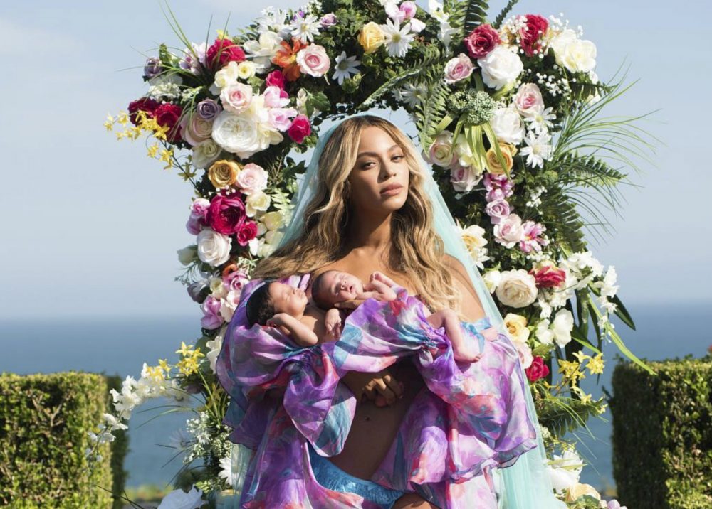 In this undated image released by Parkwood Entertainment on Friday, July 14, 2017, Beyonce posed with her newborn twins Sir Carter and Rumi. The singer posted the picture on Instagram late Thursday night and wrote in the caption, &quot;Sir Carter and Rumi 1 month today.&quot; She didn't mention the babies' genders, but Beyonce's mother wrote on Instagram that the pop star had given birth to a boy and a girl.  (Mason Poole/Parkwood Entertainment via AP)
