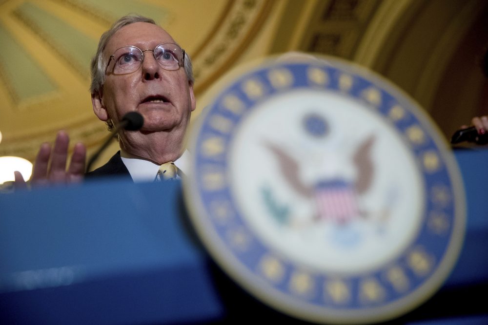 Senate Majority Leader Mitch McConnell of Ky. speaks at a news conference on Capitol Hill in Washington, Tuesday, July 18, 2017. President Donald Trump blasted congressional Democrats and &quot;a few Republicans&quot; over the collapse of the GOP effort to rewrite the Obama health care law. McConnell proposed a vote on a backup plan simply repealing the statute, but that idea was on the brink of rejection, too. (Andrew Harnik/AP)
