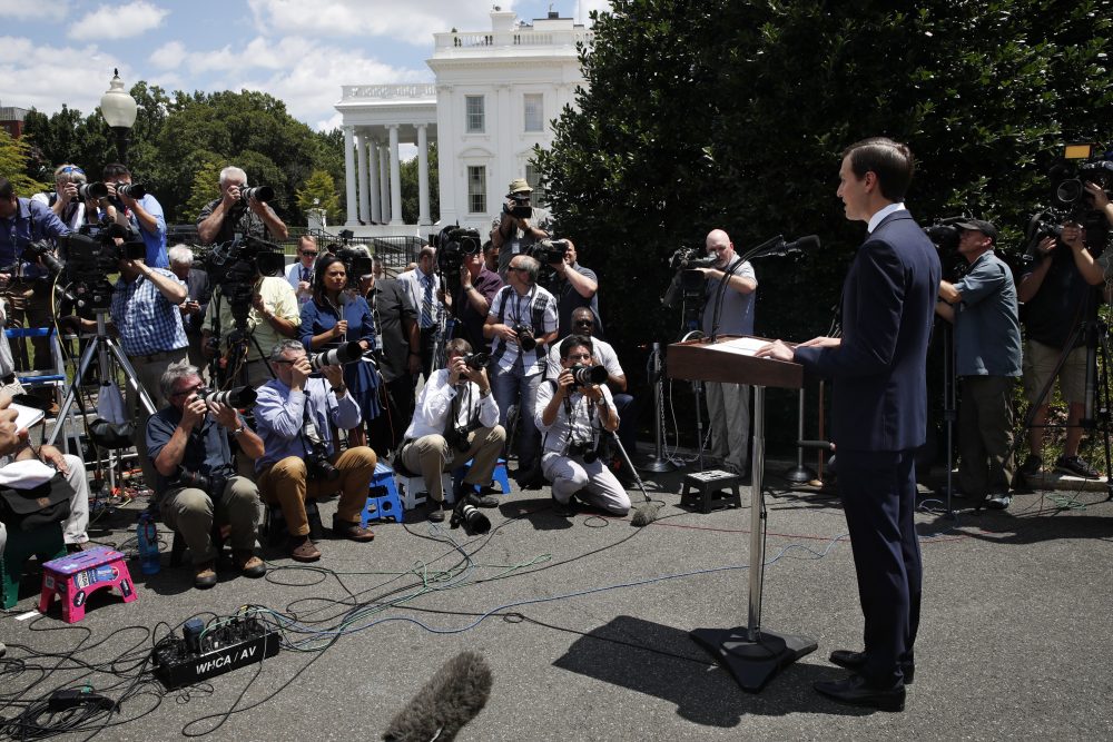 White House senior adviser Jared Kushner speaks to the media outside the White House in Washington, Monday, July 24, 2017, after meeting behind closed doors with the Senate Intelligence Committee on the investigation into possible collusion between Russian officials and the Trump campaign. (AP Photo/Jacquelyn Martin)