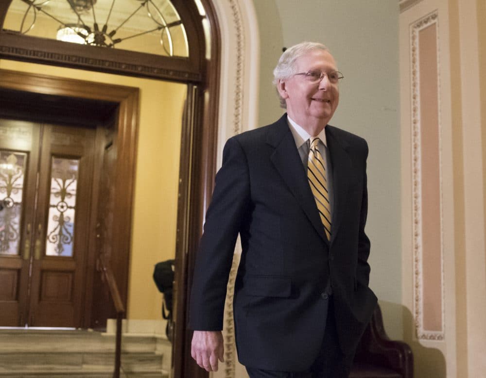 Senate Majority Leader Mitch McConnell, R-Ky. walks from the Senate Chamber on Capitol Hill in Washington, Tuesday, July 25, 2017, as he steers the Senate toward a crucial vote on the Republican health care bill. (AP Photo/J. Scott Applewhite)