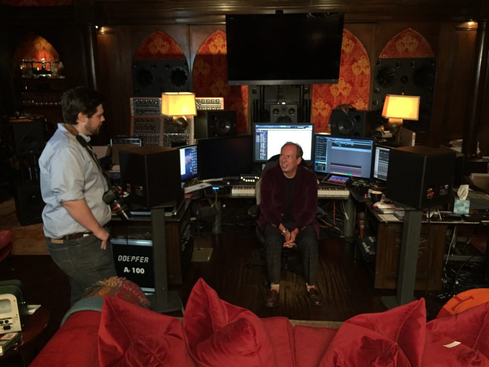 Matt Schrader (left) and composer Hans Zimmer during the filming of &quot;Score.&quot; (Gravitas Ventures)