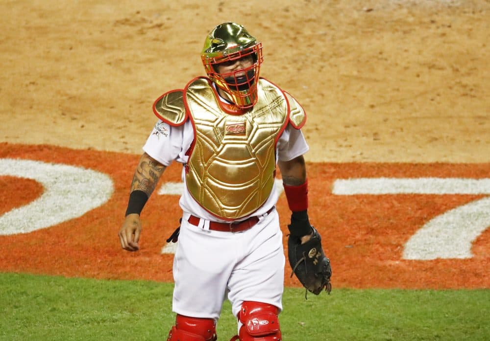 Rocking a gold chest protector, Yadier Molina brought some fun to the MLB All-Star Game. (Photo by Rob Carr/Getty Images)