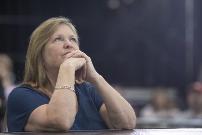 Jane Sanders, wife of Democratic presidential candidate Sen. Bernie Sanders, I-Vt. listens as he speaks during a campaign rally in Erie, Pa., Tuesday, April 19, 2016. (Mary Altaffer/AP)