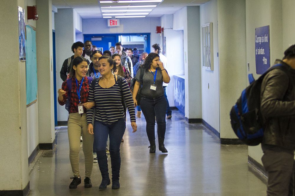 Students walk to class at Boston English High School. (Jesse Costa/WBUR)