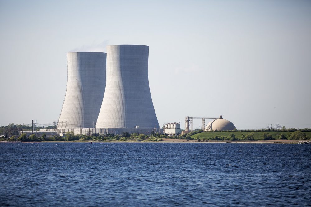 The twin cooling towers at Brayton Point Power Station in Somerset, Mass. (Jesse Costa/WBUR)