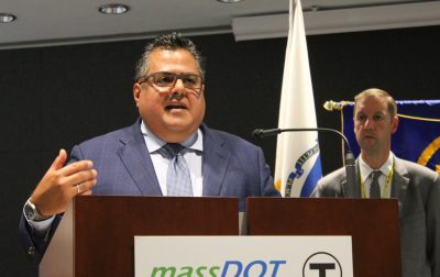 Luis Ramirez addresses reporters after being introduced as the new MBTA general manager. (Sam Doran/State House News Service)