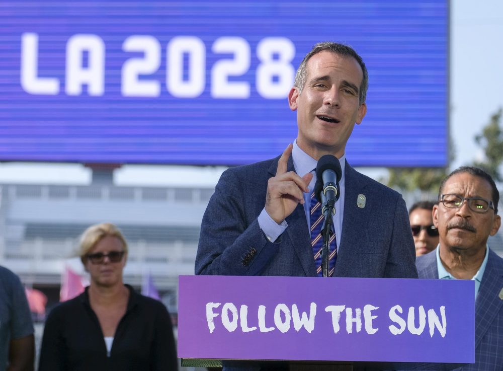 Los Angeles Mayor Eric Garcetti speaks in a press conference to make an announcement for the city to host the Olympic Games and Paralympic Games 2028, at Stubhub Center in Carson, Calif., on July 31, 2017. (Ringo H.W. Chiu/AP)