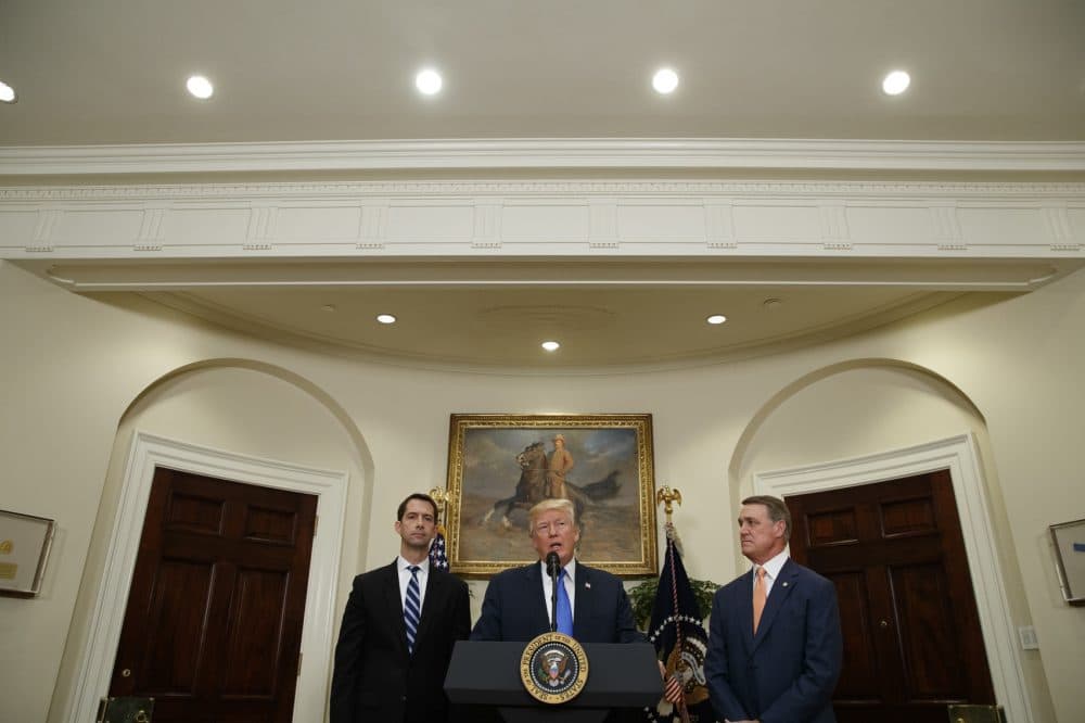 President Trump, accompanied by Sen. Tom Cotton, R- Ark., left, and Sen. David Perdue, R-Ga., speaks in the Roosevelt Room of the White House in Washington, Wednesday, Aug. 2, 2017, during the unveiling of legislation that would place new limits on legal immigration. (Evan Vucci/AP)