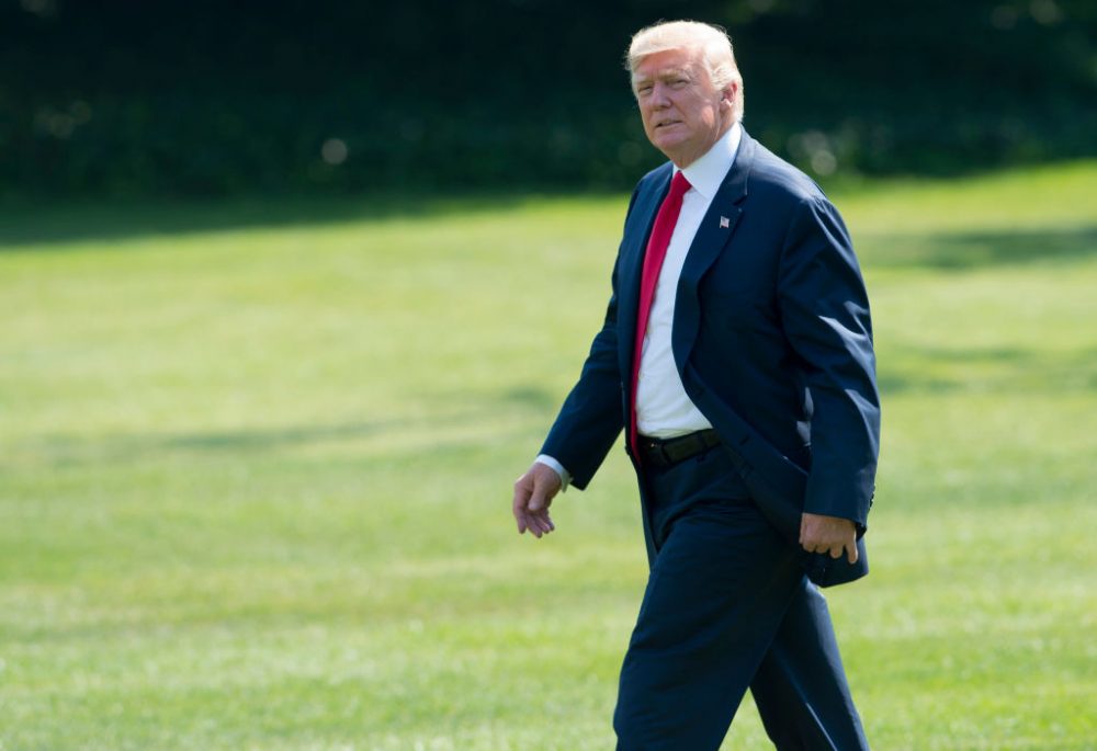 President Trump walks to Marine One prior to departure from the South Lawn of the White House in Washington, Aug. 4, 2017, as he travels on a 17-day vacation to his golf course in Bedminster, N.J. (Saul Loeb/AFP/Getty Images)