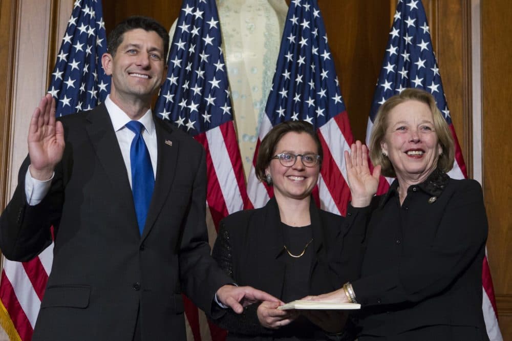 Speaker Paul Ryan administers the House oath of office to Rep. Niki Tsongas, D-Mass., during a mock swearing in ceremony on Jan. 3, 2017, as the 115th Congress began. (Jose Luis Magana/AP)