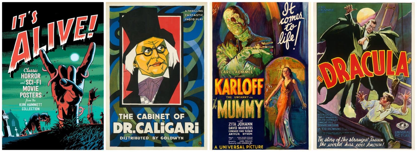 A few of the old movie posters on display at the PEM. (Courtesy Collection of Kirk Hammett)