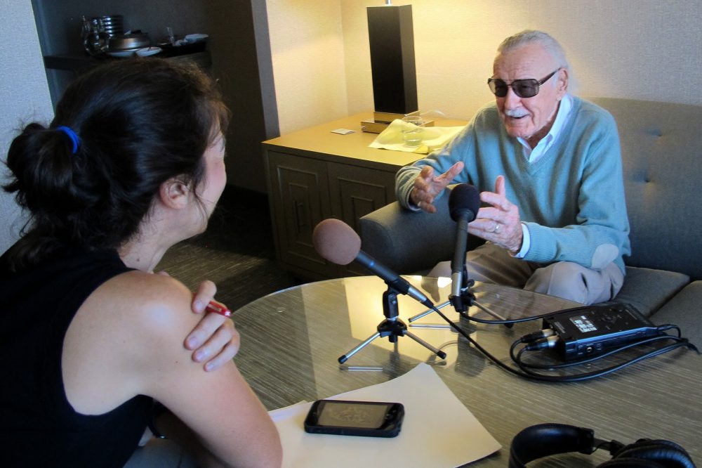 Comic book legend Stan Lee speaking with Shira Springer in Boston. (Max Anderson for WBUR)