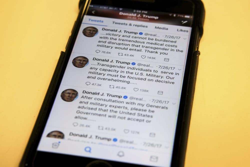President Trump's tweeter feed is photographed on a mobile phone in Washington, Thursday, Aug. 3, 2017. Trump’s tweets declaring transgender individuals unwelcome in his military has plunged the Pentagon into a legal and moral quagmire, seeing off a flurry of meetings to devise a new policy that could lead to hundreds of service members being discharged. (J. David Ake/AP)