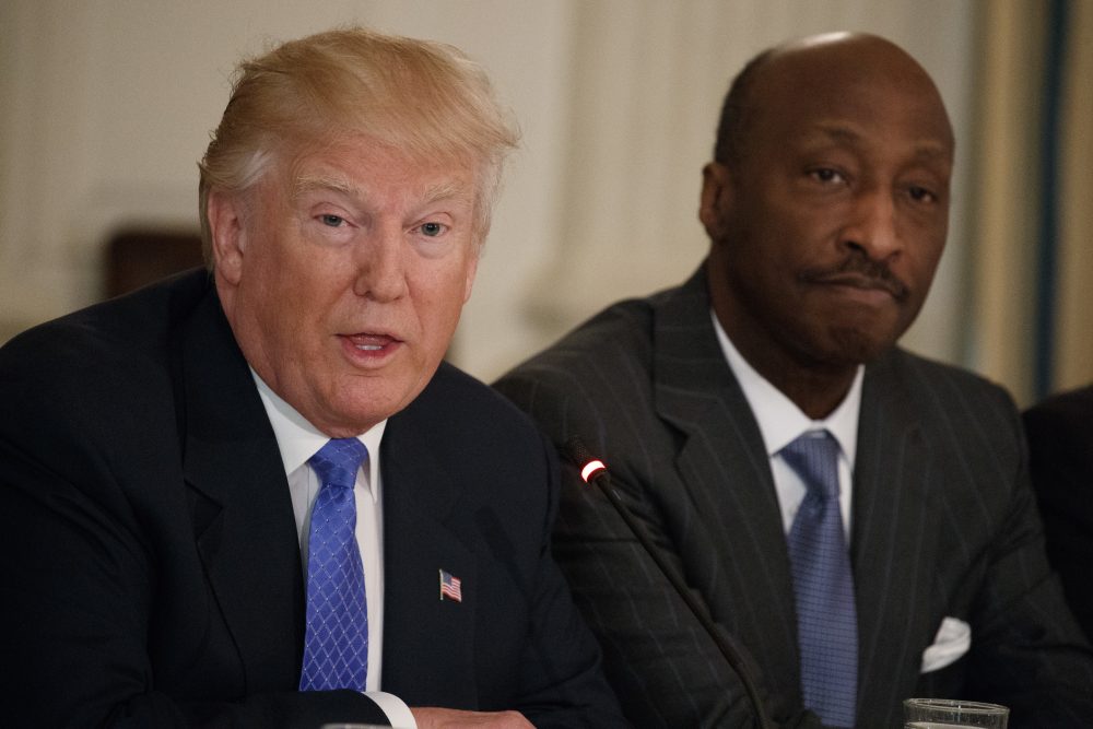 Merck CEO Kenneth Frazier listens at right as President Trump speaks during a meeting with manufacturing executives at the White House in Washington, Feb. 23, 2017. (Evan Vucci/AP)