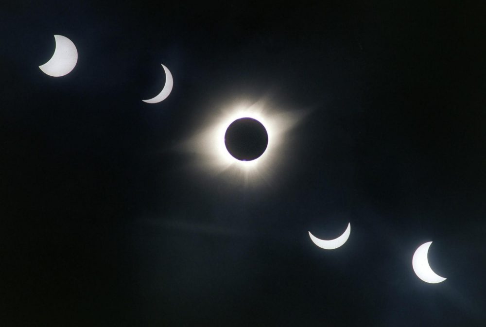 A multiple exposure photograph shows the progress of the July 11, 1991 solar eclipse over Xochicalco, Mexico. (Omar Torres/AFP/Getty Images)