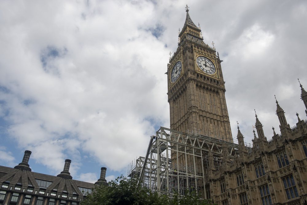 Scaffolding is placed during renovation work on the Elizabeth Tower at the Palace of Westminster, London, Thursday Aug. 17, 2017. The 13.5 British ton (15.1 U.S. ton, 13.7 metric ton) bell has sounded the time almost uninterrupted since 1859, but it's due to fall silent on Monday so repairs can be carried out on the Victorian clock and the Elizabeth Tower. (Victoria Jones/PA via AP)