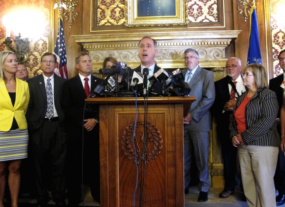 Wisconsin state Assembly Speaker Robin Vos joins with fellow Republicans to defend a $3 billion tax break package for electronics giant Foxconn Technology Group that the Assembly was set to pass on Thursday, Aug. 17, 2017, in Madison, Wis. (Scott Bauer/AP)