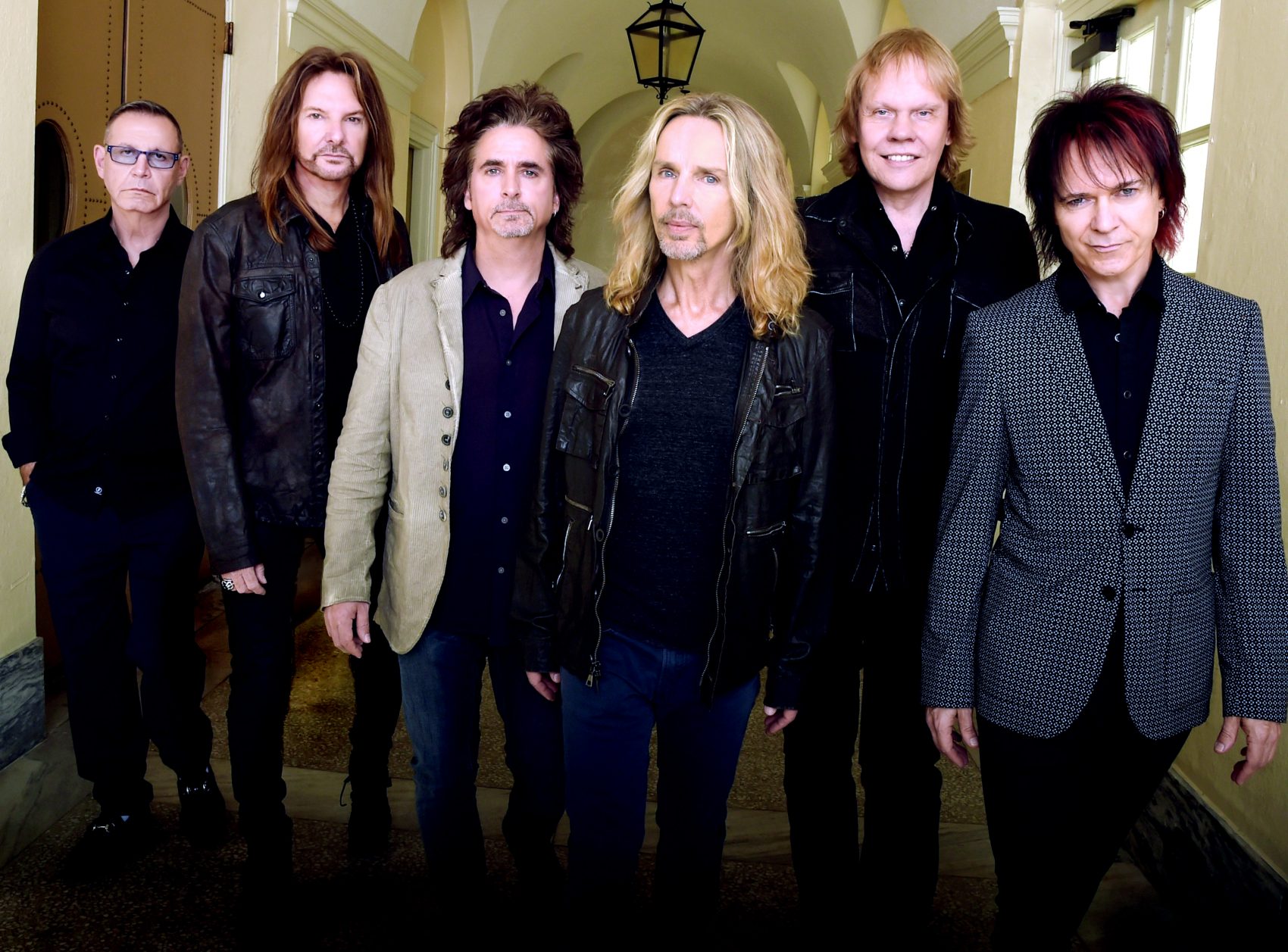 Styx members Chuck Panozzo, Ricky Phillips, Todd Sucherman, Tommy Shaw, James &quot;J.Y.&quot; Young and Lawrence Gowan in 2014. (Courtesy Rick Diamond/Getty Images for STYX)