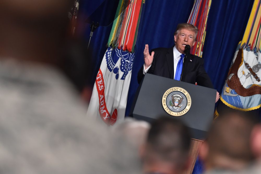 President Trump speaks during his address to the nation from Joint Base Myer-Henderson Hall in Arlington, Va., on Aug. 21, 2017. (Nicholas Kamm/AFP/Getty Images)