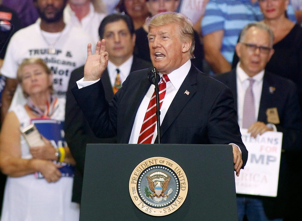 President Trump speaks to a crowd of supporters at the Phoenix Convention Center during a rally on Aug. 22, 2017, in Phoenix. (Ralph Freso/Getty Images)