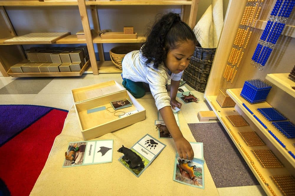 The Mashpee Wampanoag tribal child care center uses games to teach young children the Wampanoag language. A student attempts matching animal figures with two sets of cards printed with their corresponding photo and Wampanoag word. (Jesse Costa/WBUR)