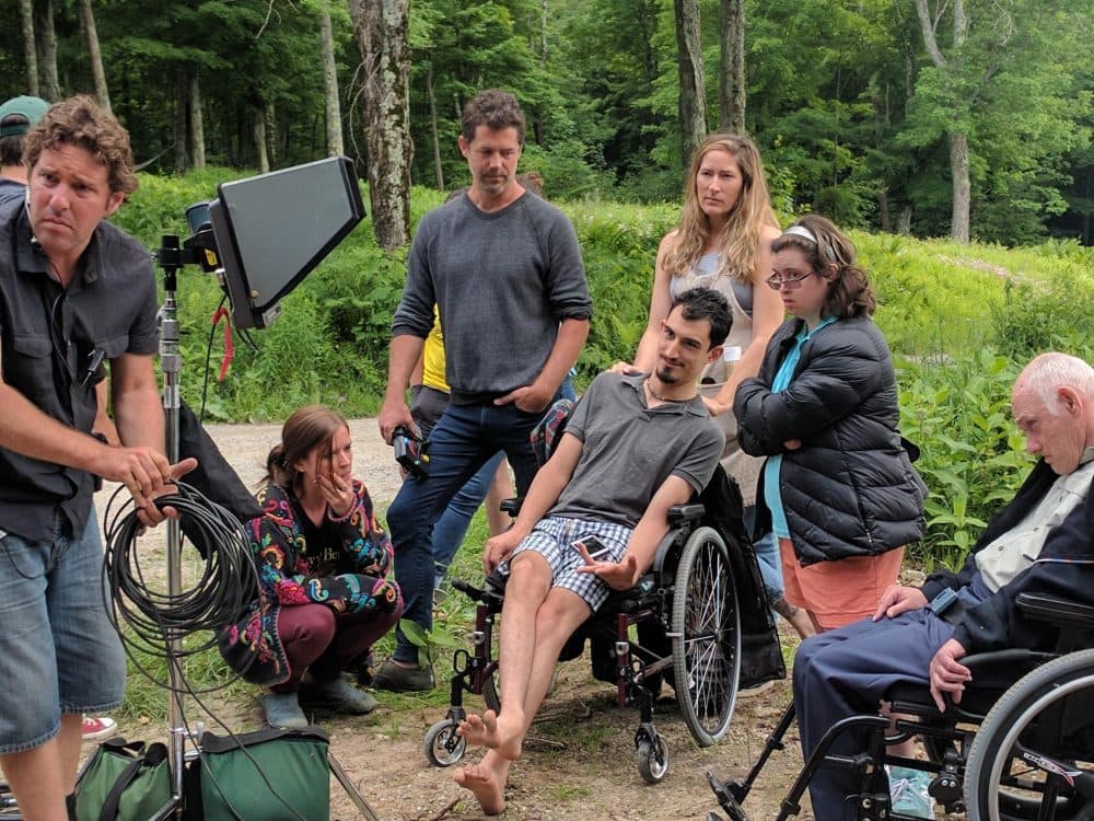 Campers at Zeno Mountain Farms spend a month living in wheelchair-accessible tree houses, performing, making films and taking care of one another. (Jon Kalish/For VPR)