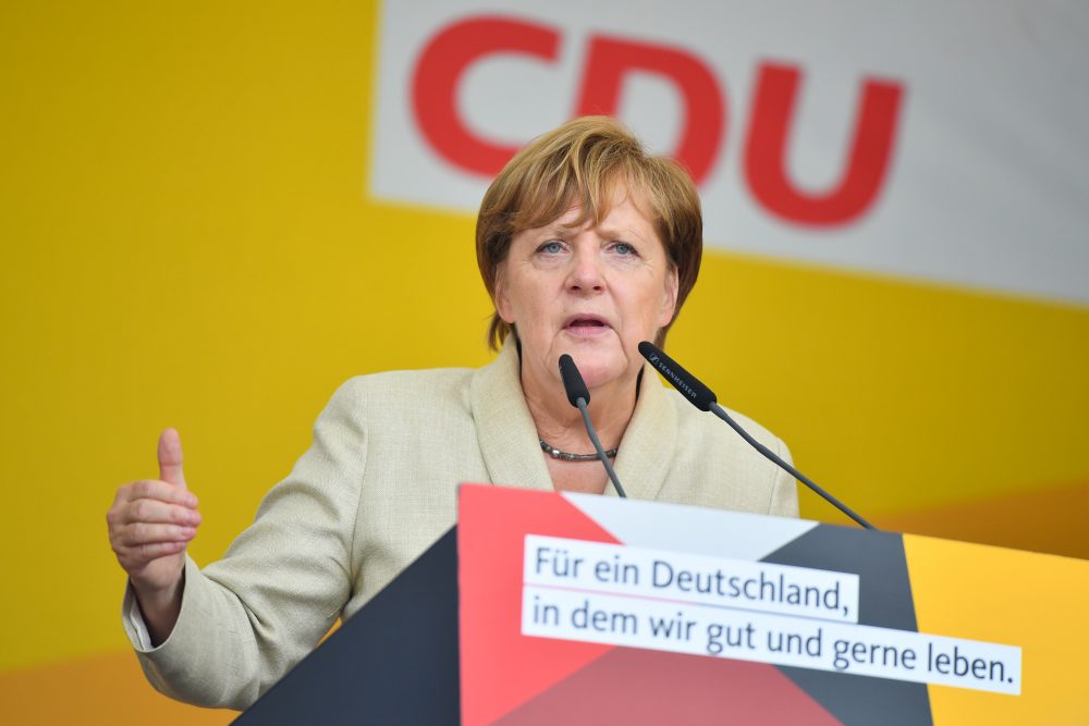 German Chancellor Angela Merkel addresses an election campaign rally of the Christian Democratic Union (CDU) in Ludwigshafen, western Germany, on Aug. 30, 2017. (Uwe Anspach/AFP/Getty Images)