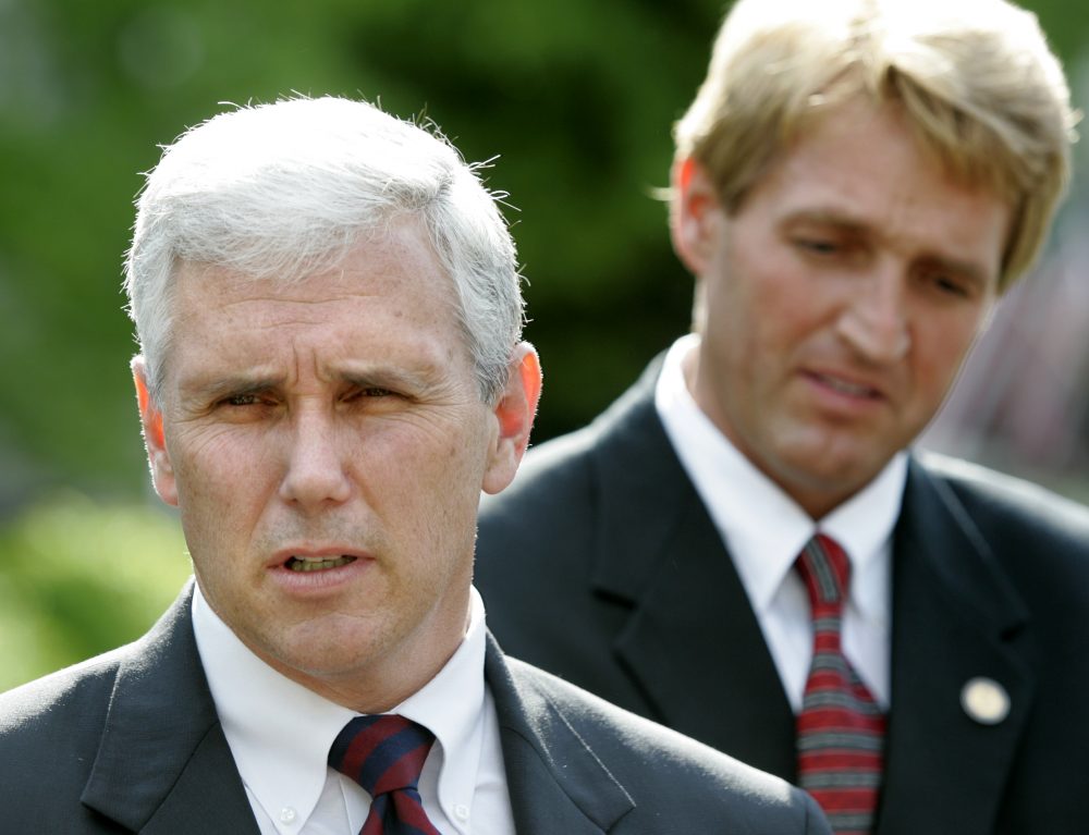 Representatives Mike Pence, R-Ind. and Jeff Flake, R-Ariz. speak with reporters outside the White House after meeting with President Bush, Wednesday, April 27, 2005, in Washington.  (Lawrence Jackson/AP)