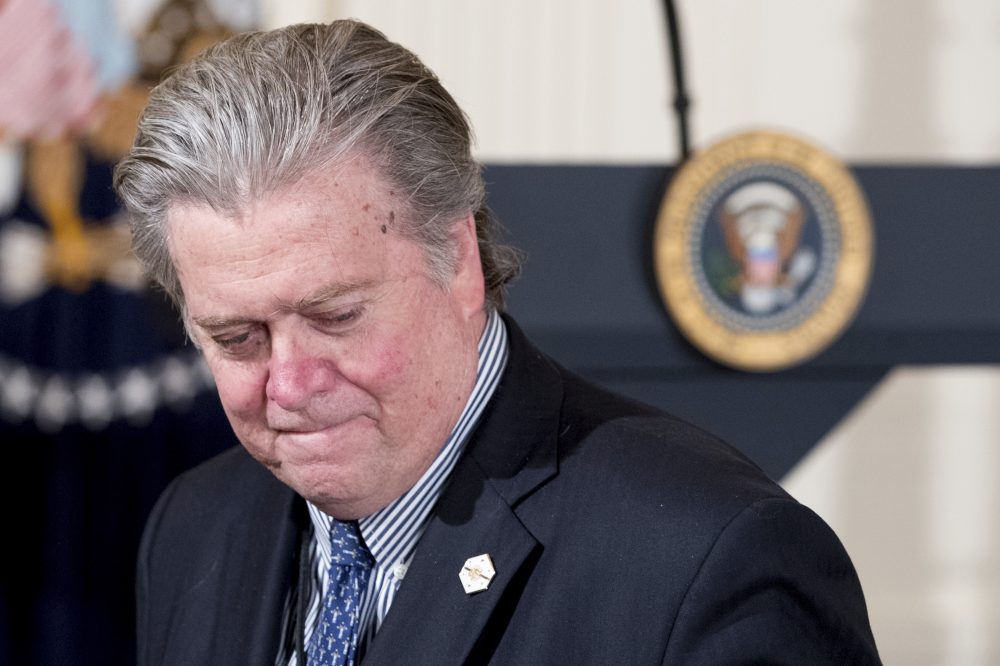 In this photo taken Feb. 16, 2017, President Donald Trump's White House Senior Adviser Steve Bannon arrives for a news conference with President Donald Trump in the East Room of the White House in Washington. Bannon, a forceful but divisive presence in President Donald Trump's White House, is leaving. Trump accepted Bannon's resignation Friday, Aug. 18, 2017, ending a turbulent seven months for his chief strategist, the latest to depart from the president's administration in turmoil. (Andrew Harnik/AP)