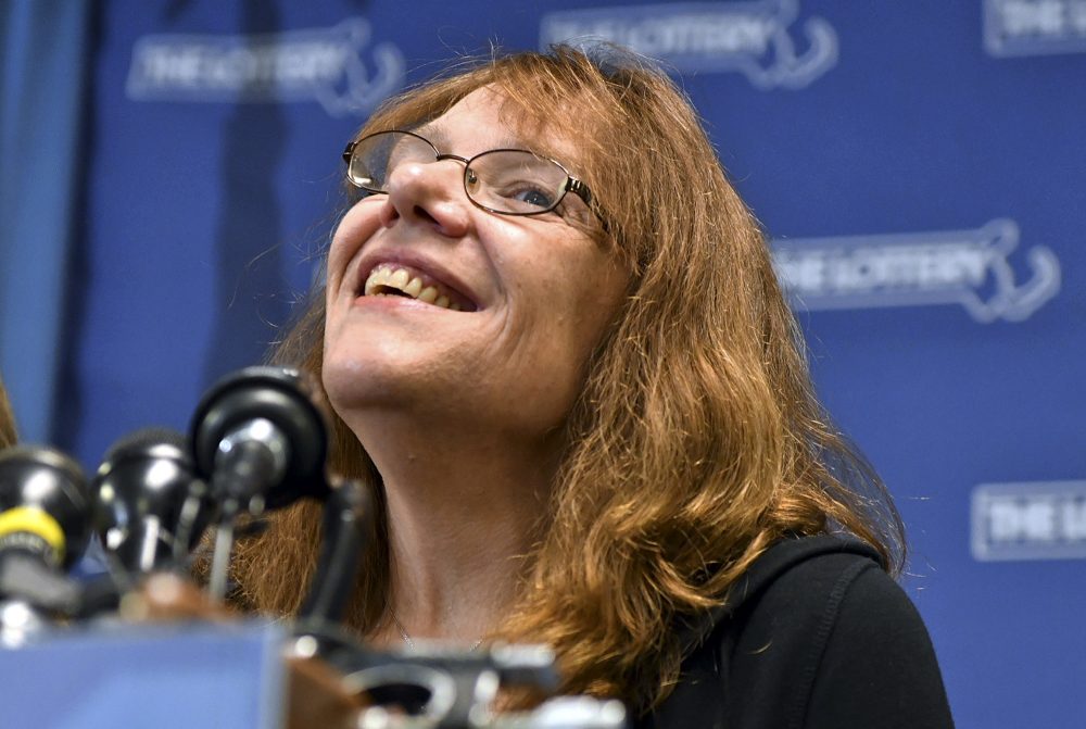 Mavis Wanczyk, of Chicopee, smiles during a news conference where she claimed the $758.7 million Powerball prize at Massachusetts State Lottery headquarters, Thursday. (Josh Reynolds/AP)