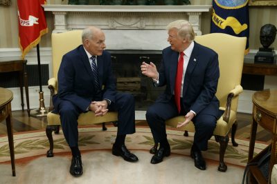 President Donald Trump talks with new White House Chief of Staff John Kelly after he was privately sworn in during a ceremony in the Oval Office with President Donald Trump, Monday, July 31, 2017, in Washington. (Evan Vucci/AP)