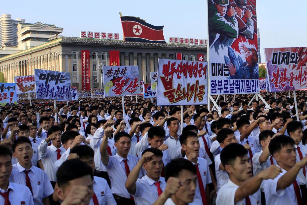 Tens of thousands of North Koreans gathered for a rally at Kim Il Sung Square as a show of support for their rejection of the United Nations' latest round of sanctions on Wednesday Aug. 9, in Pyongyang, North Korea. (Jon Chol Jin/AP)