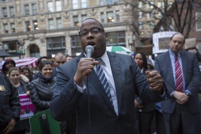 Tito Jackson speaks during the a rally in January in downtown Boston. Jackson is now the CEO of marijuana dispensary Verdant Medical Inc. (Jesse Costa/WBUR)