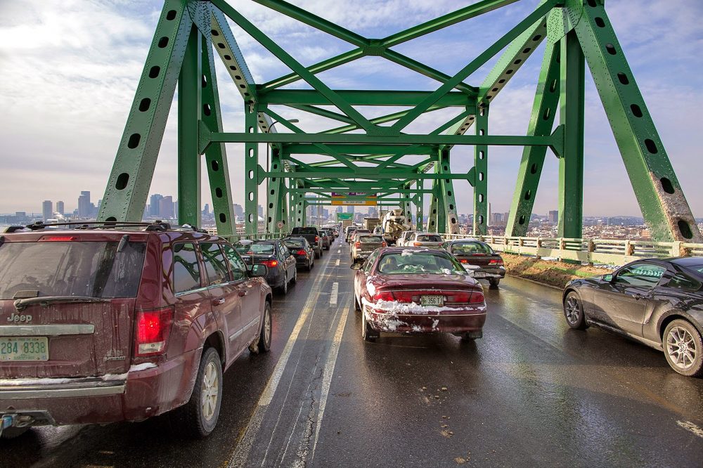 Traffic on the Tobin Bridge going into Boston in February 2015 (Jesse Costa/WBUR)