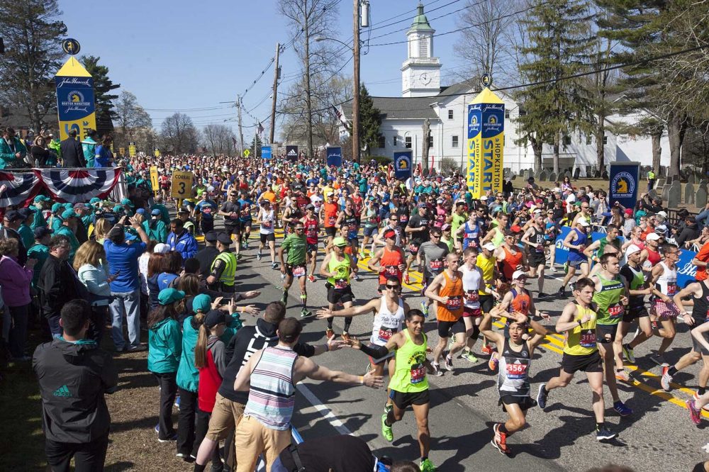 A recent study found Massachusetts to be the third least obese state with an adult obesity rate of just under 24 percent. --- Wave one of the general runners at the start to the Boston Marathon in Hopkinton, Massachusetts. (Joe Difazio for WBUR)